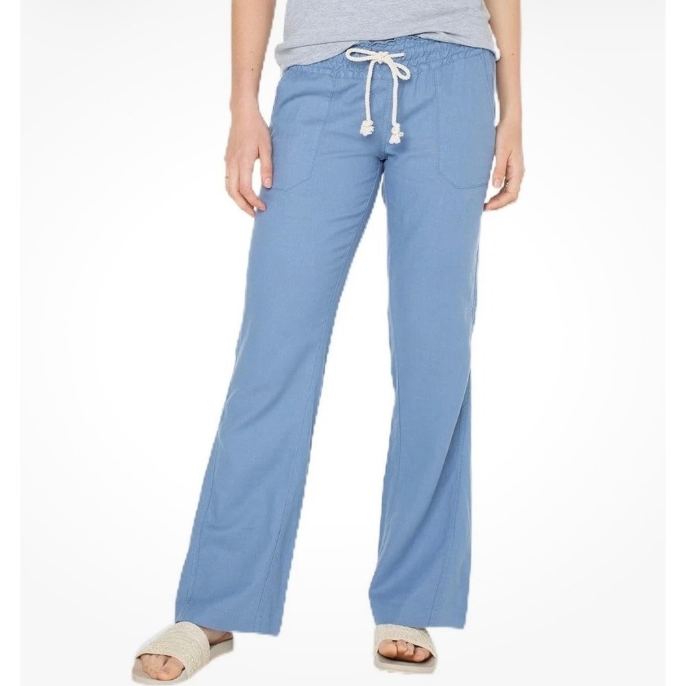 Roxy Oceanside Linen Blend Pants Blue Smocked Waist Drawstring Straight Leg NEW